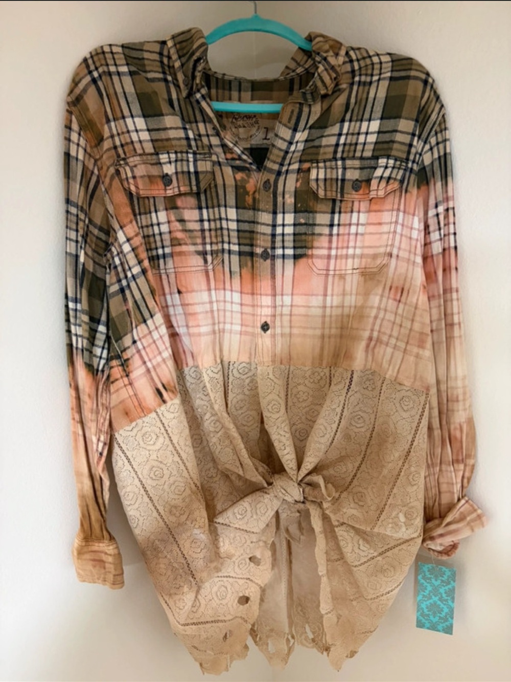 Flash & Trash Plaid Lace Tunic Top Size 1 Boho Western Upcycled Shirt
